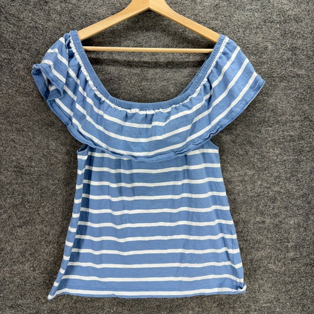 Beach Lunch Lounge Blouse Women M Medium Blue Striped Short Sleeve Cotton Casual